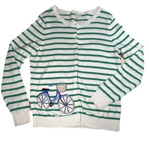 Talbots Spring Cottagecore Cardigan Bicycle Sweater White Green Stripes Garden M